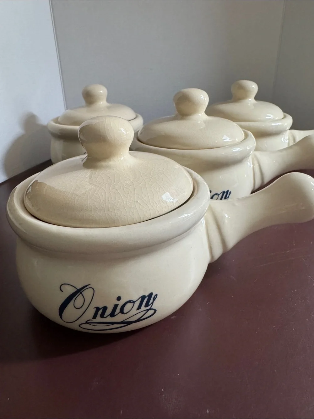 Cream and blue  'Onion' Stoneware  French Soup Bowls with Lids - Set of 4